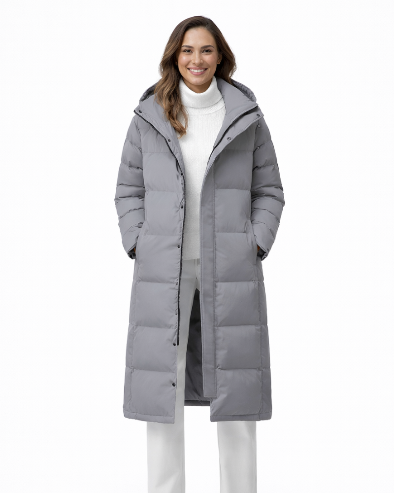 Zahra Langer Wintermantel Damen – Warme Steppjacke mit Kapuze und hohem Kragen