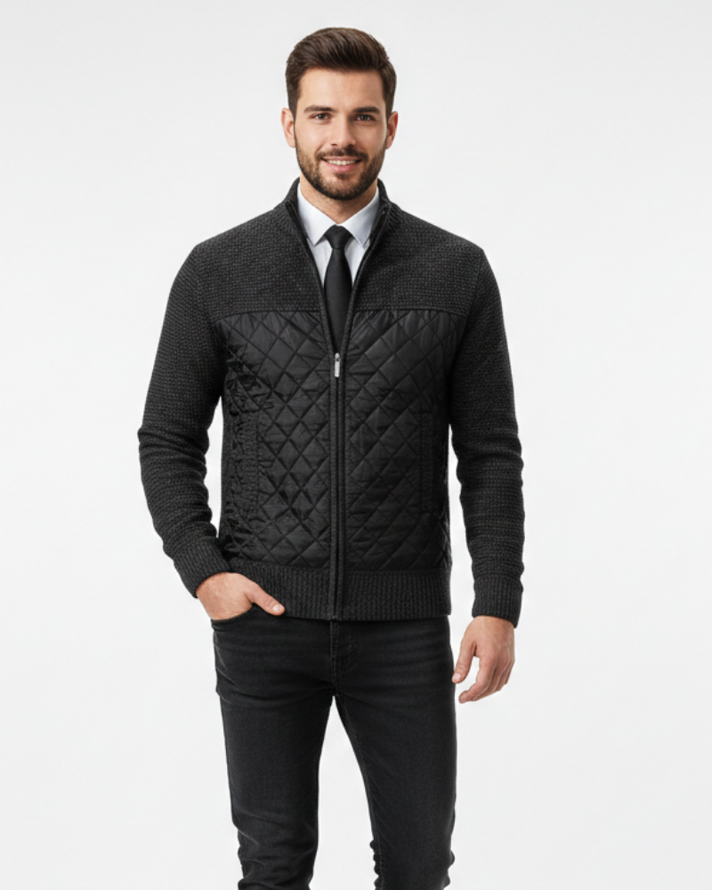 Adrian Cardigan Homme Zippé – Panneaux Matelassés & Maille Fine avec Col Montant