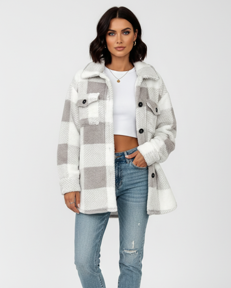 Ariana Kurtka Zimowa Damska – Ciepła i Swobodna Kurtka z Pluszu w Kratę