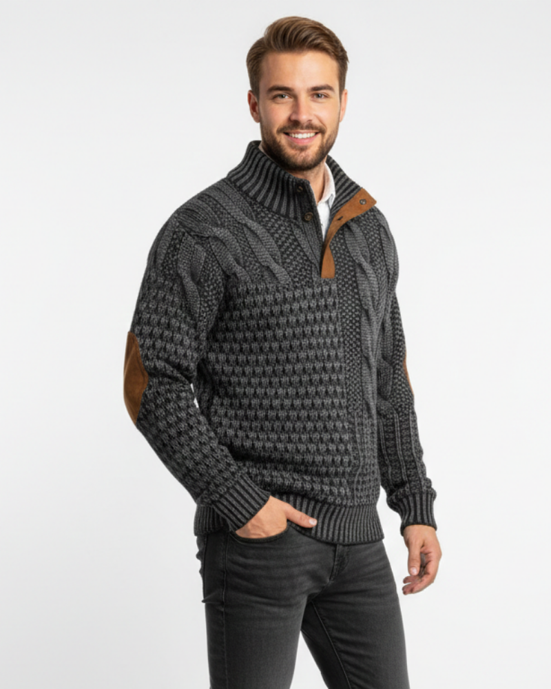 Aaron Pull Herre Patchwork – Høj Krave med Knapper & Ruskindsdetaljer Regular Pasform