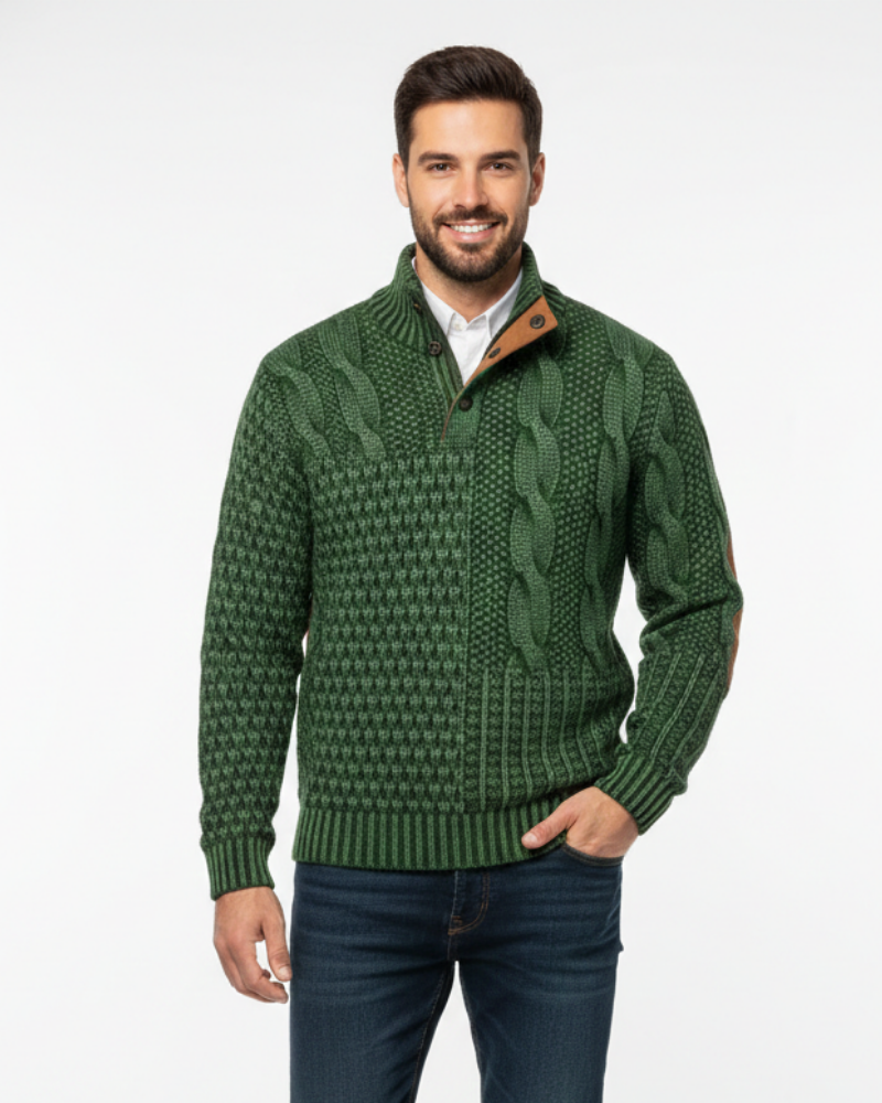 Aaron Pull Herre Patchwork – Høj Krave med Knapper & Ruskindsdetaljer Regular Pasform