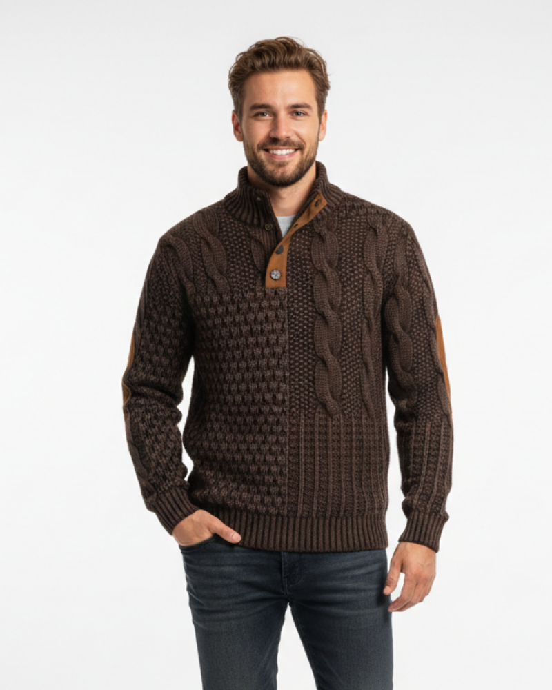 Aaron Pull Herre Patchwork – Høj Krave med Knapper & Ruskindsdetaljer Regular Pasform