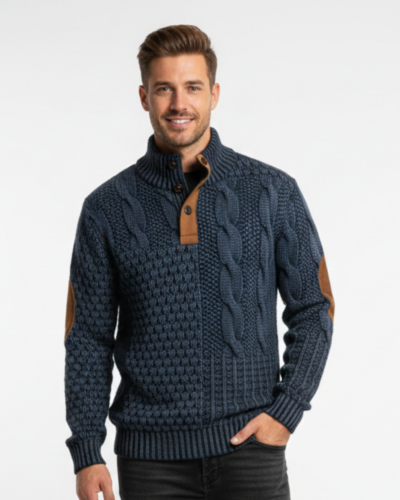 Aaron Pull Herre Patchwork – Høj Krave med Knapper & Ruskindsdetaljer Regular Pasform