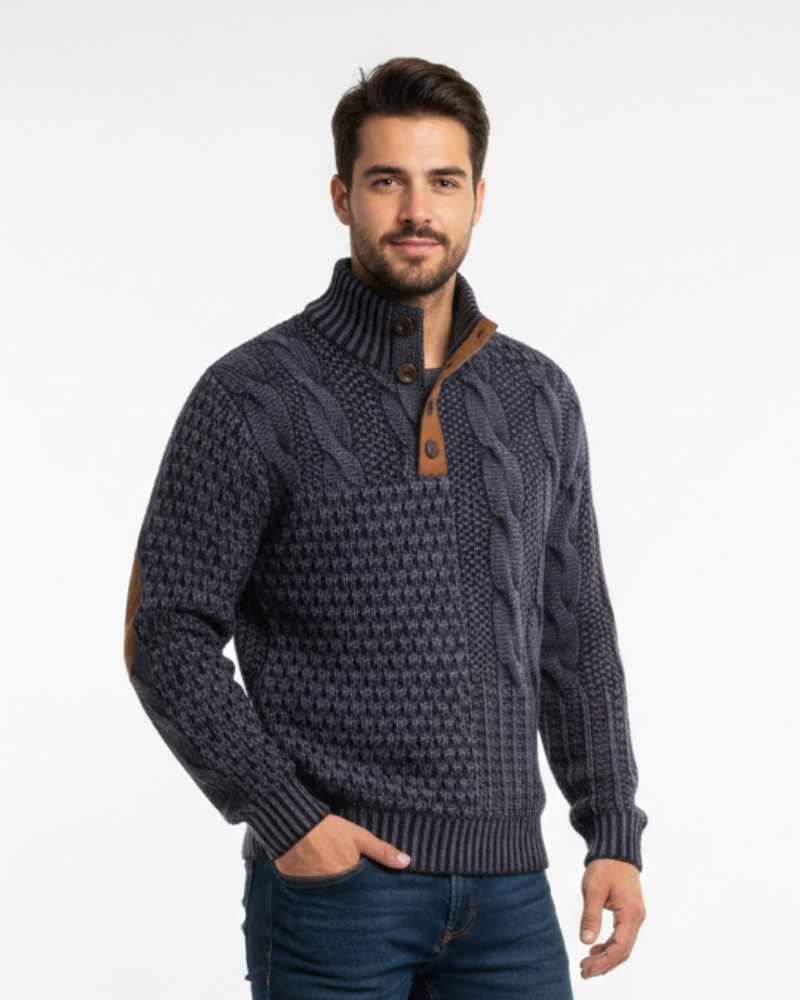 Aaron Pull Herre Patchwork – Høj Krave med Knapper & Ruskindsdetaljer Regular Pasform