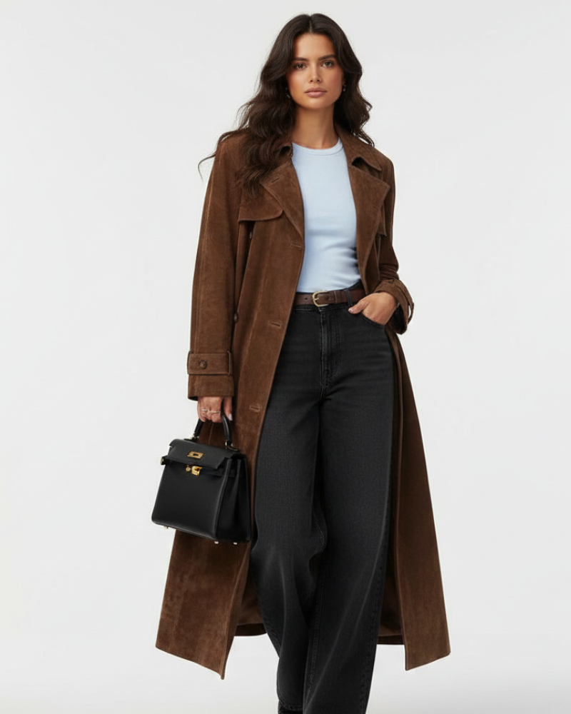 Bianca dlhý dámsky kabát z rastlinnej kože – štruktúrovaný strih, semišový vzhľad a elegantný štýl