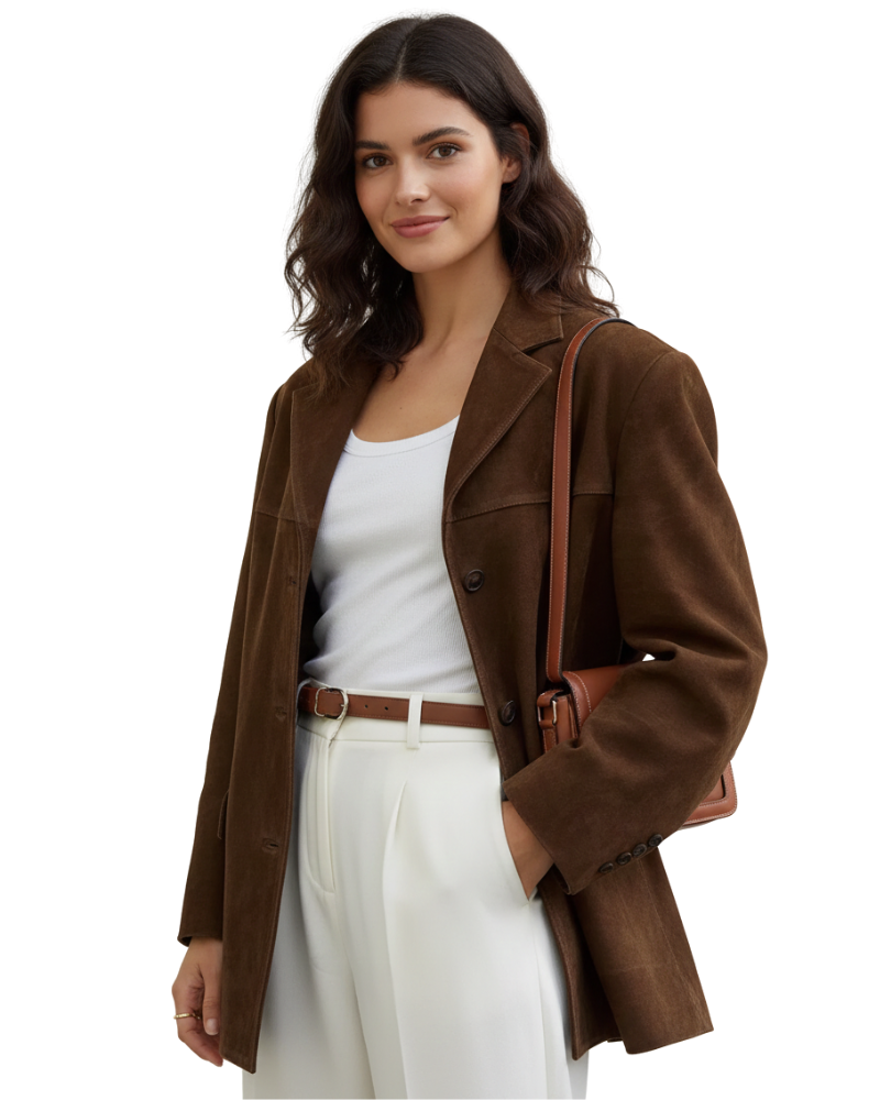 Marga Blazer i semsket skinn for kvinner – Chic brun jakke med moderne snitt og elastisk materiale