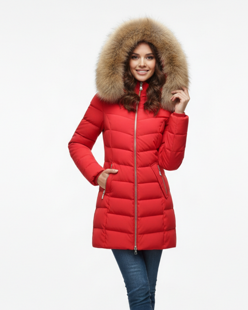 Dámska prešívaná bunda Anne s kapucňou – prešívanie Chevron a golier z umelého kožúšku