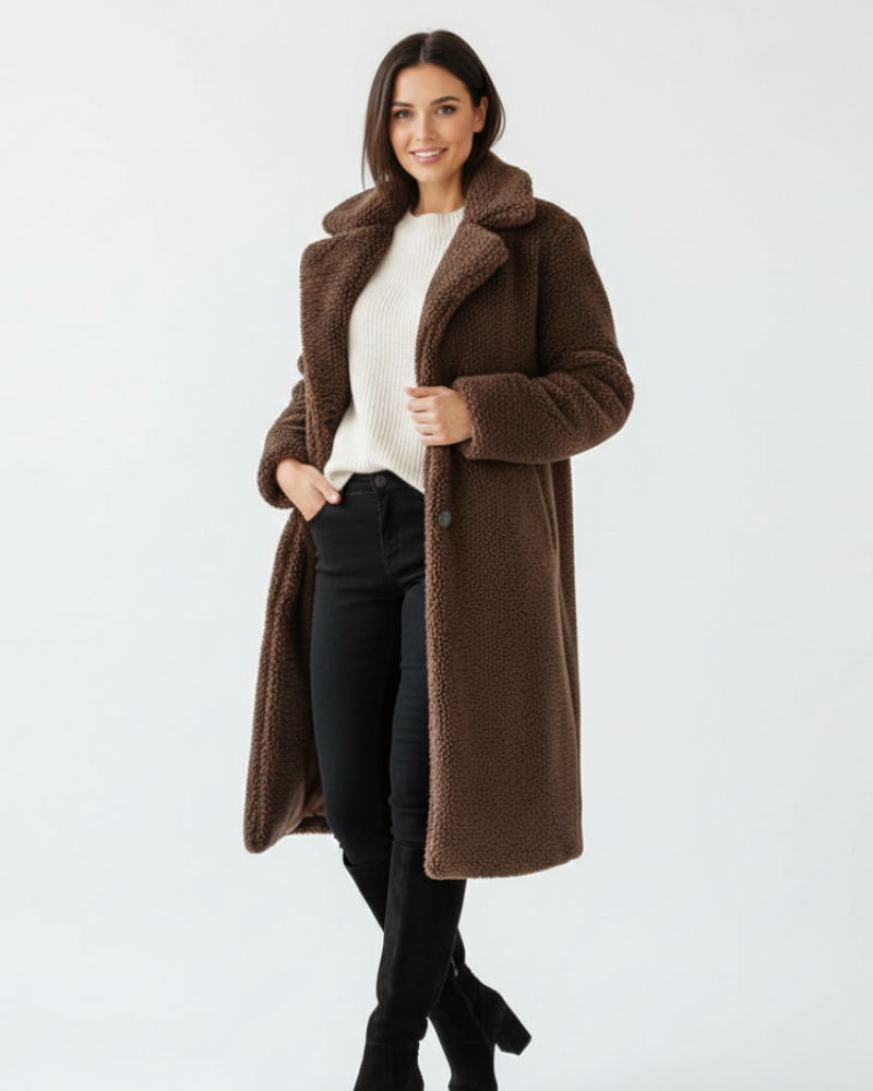 Angel Manteau Teddy Long Femme – Coupe Oversize Douce avec Col Revers & Fermeture Boutonnée