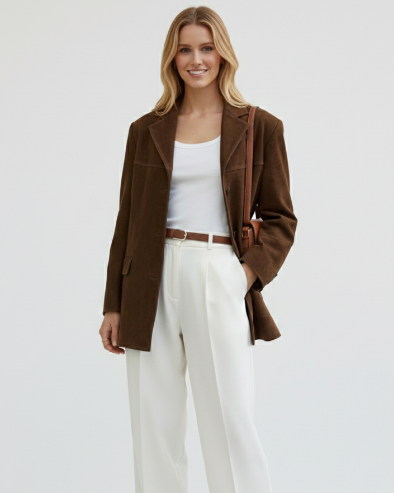 Marga Blazer i semsket skinn for kvinner – Chic brun jakke med moderne snitt og elastisk materiale