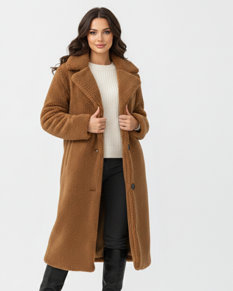 Angel Teddy Frakke Lang Dame – Blød Oversize Pasform med Reverskrave & Knappelukning