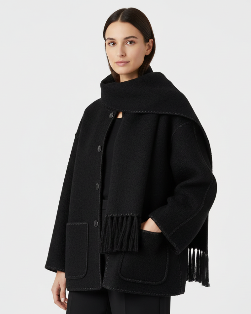 Georgie Damesmantel met Ingebreide Sjaal – Elegante Gewikkelde Jas van Warme Stof