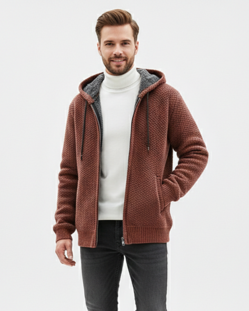 Nethan Hoodie Gebreid Heren Met Rits – Warme Fleece Voering Sweatshirt in Premium Casual Stijl