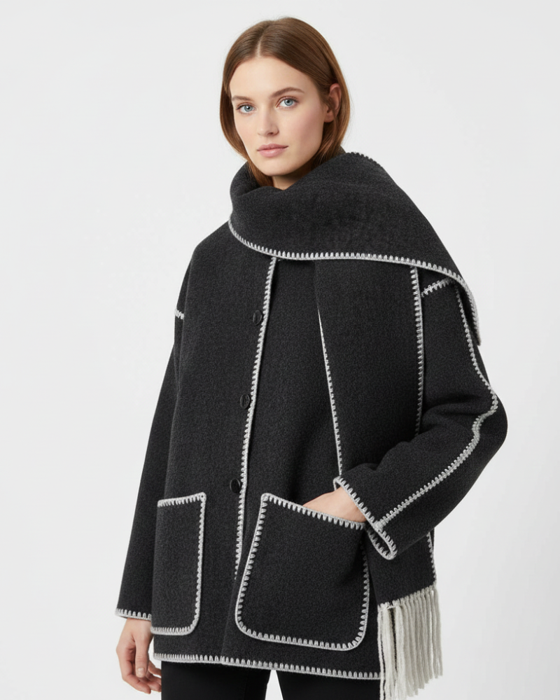Georgie Women's Coat with Integrated Scarf – Elegant Draped Jacket in Warm Fabric