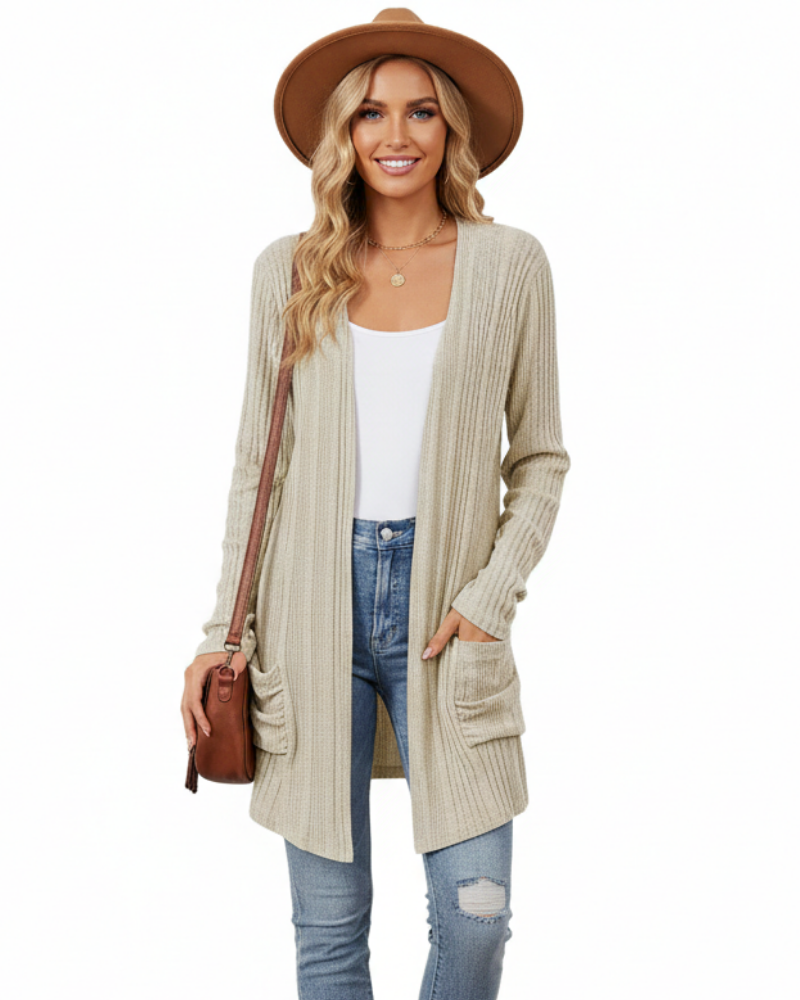 Cardigã Longo Isabelle Mulher – Casaco de Malha Canelada Aberto com Bolsos e Corte Descontraído