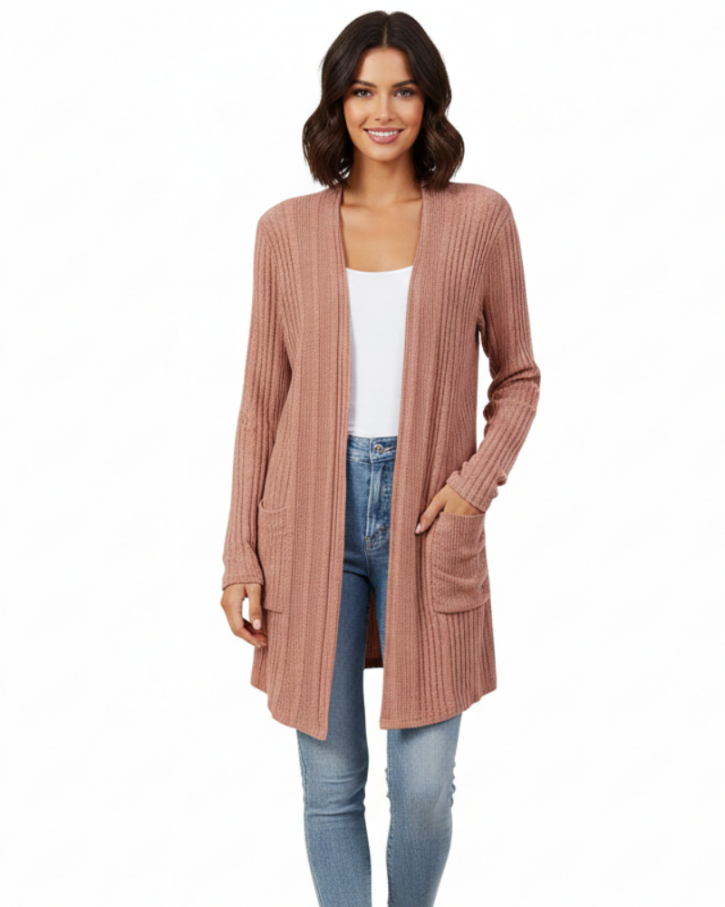 Isabelle-neuletakki pitkä naisille – avoin resorineuletakki taskuilla ja väljä leikkaus