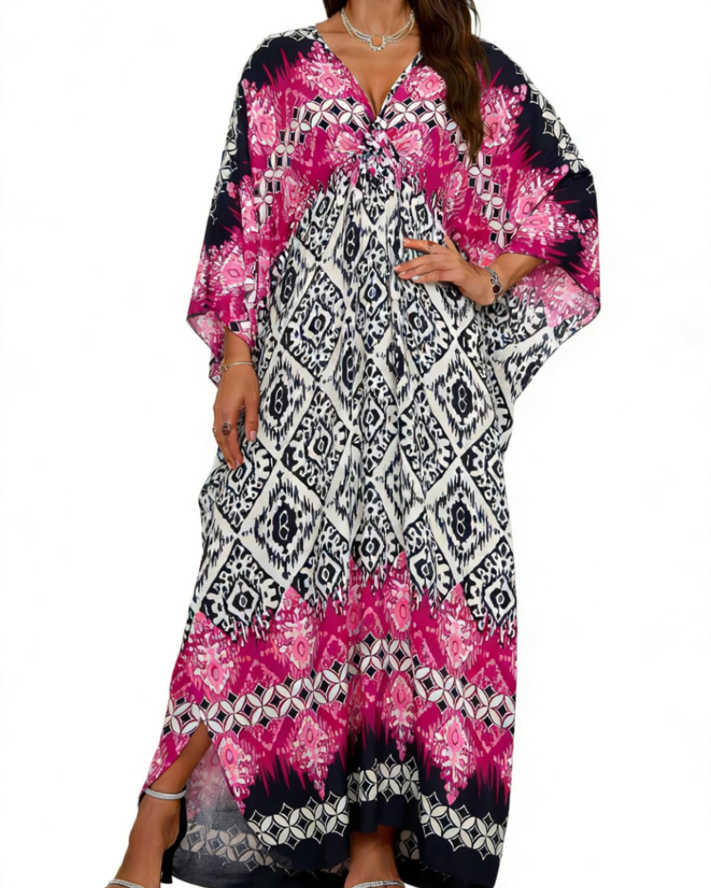 Janet Kaftan Dame Store Størrelser – Maxi Strandkjole Flydende, V-udskæring & Flagermusærmer Boheme