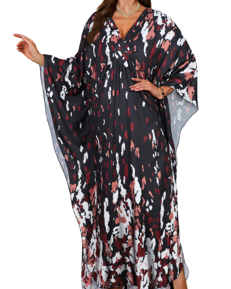 Janet Kaftan Dame Store Størrelser – Maxi Strandkjole Flydende, V-udskæring & Flagermusærmer Boheme