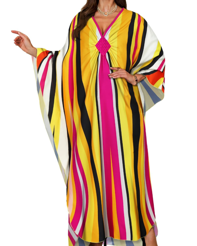 Janet Kaftan Dame Store Størrelser – Maxi Strandkjole Flydende, V-udskæring & Flagermusærmer Boheme