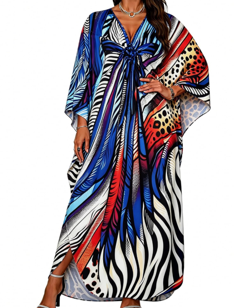 Janet Kaftan Dame Store Størrelser – Maxi Strandkjole Flydende, V-udskæring & Flagermusærmer Boheme