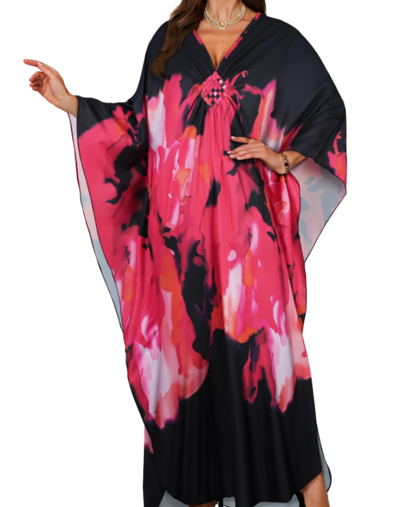 Janet Kaftan Dame Store Størrelser – Maxi Strandkjole Flydende, V-udskæring & Flagermusærmer Boheme