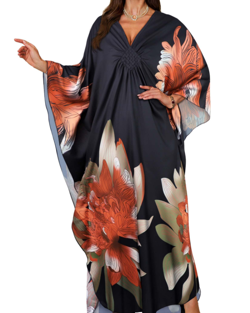Janet Kaftan Dame Store Størrelser – Maxi Strandkjole Flydende, V-udskæring & Flagermusærmer Boheme