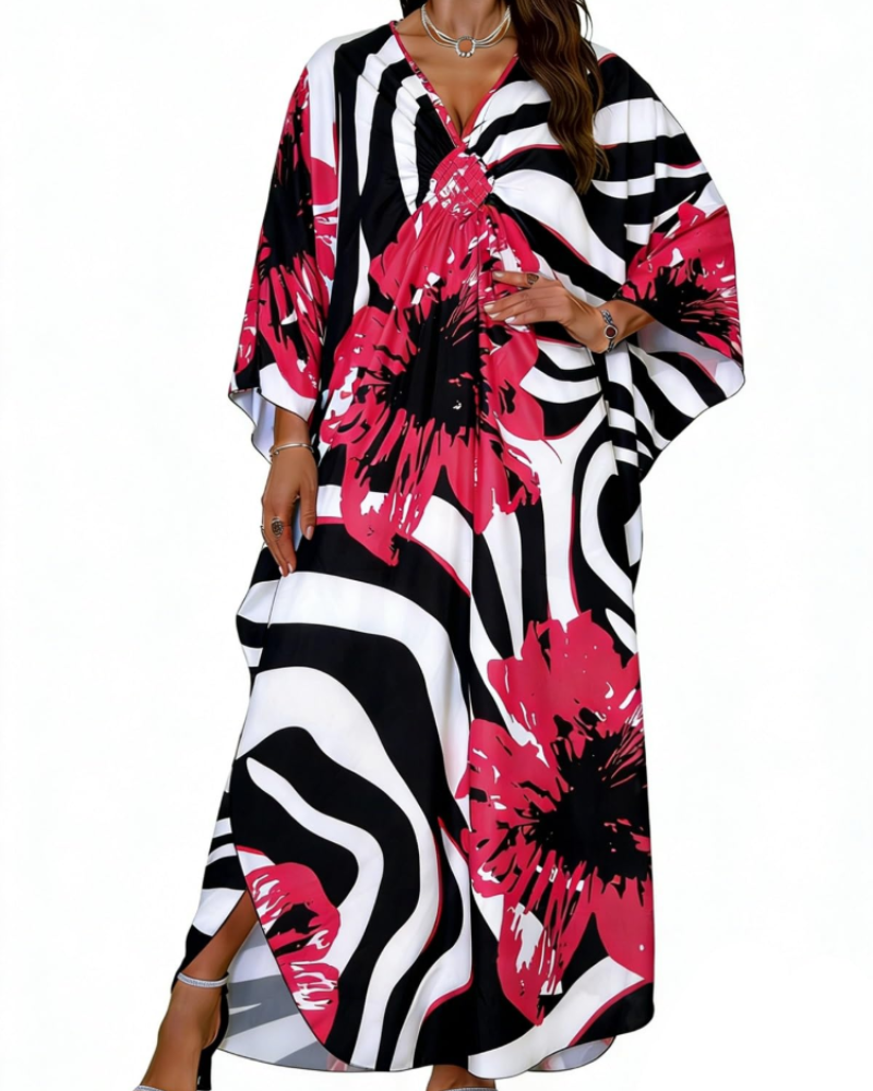 Janet Kaftan Dame Store Størrelser – Maxi Strandkjole Flydende, V-udskæring & Flagermusærmer Boheme