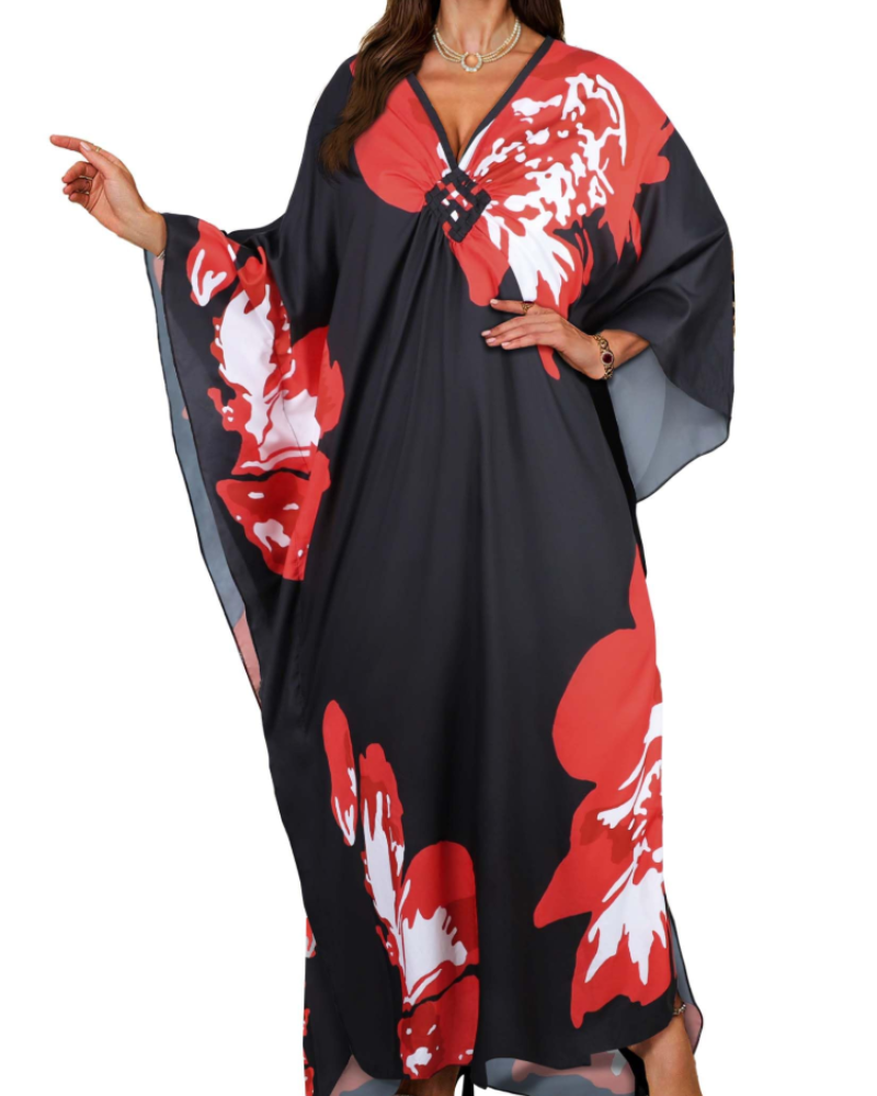 Janet Kaftan Dame Store Størrelser – Maxi Strandkjole Flydende, V-udskæring & Flagermusærmer Boheme