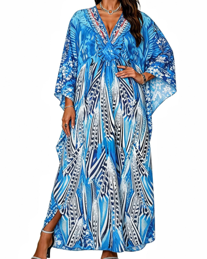 Janet Kaftan Dame Store Størrelser – Maxi Strandkjole Flydende, V-udskæring & Flagermusærmer Boheme