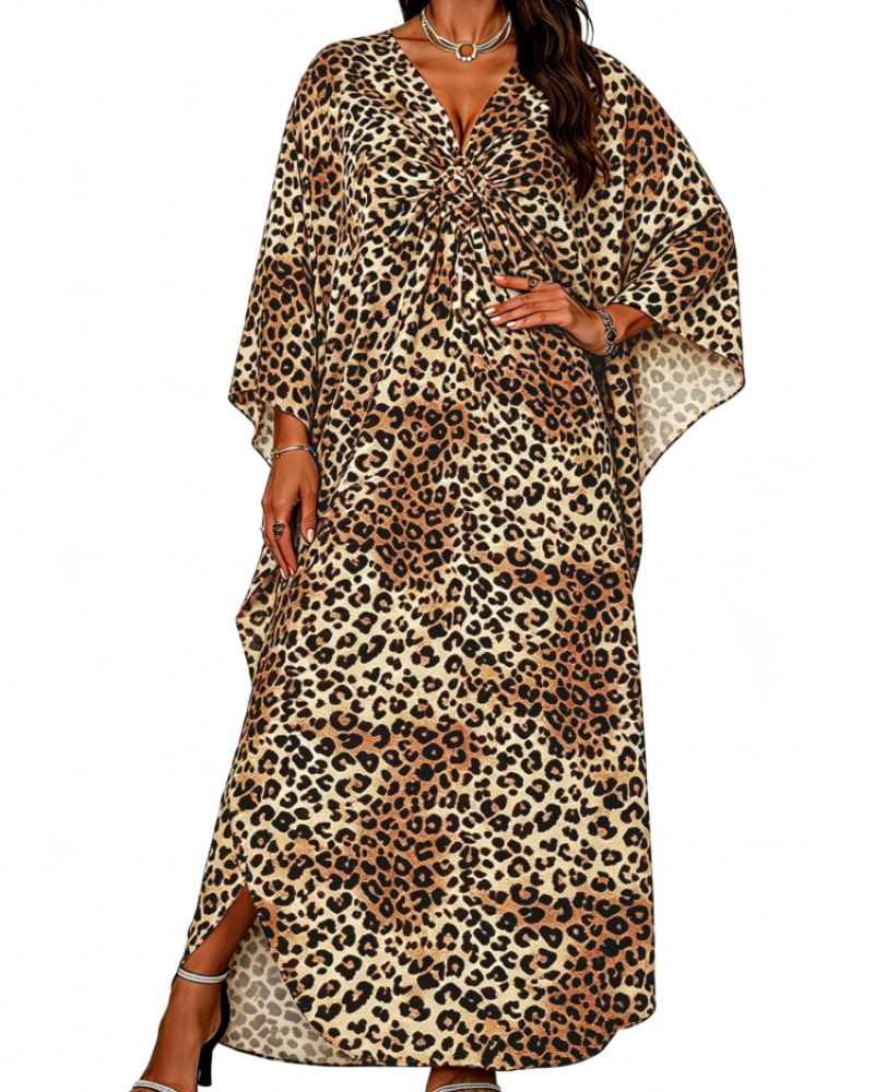 Janet Kaftan Dame Store Størrelser – Maxi Strandkjole Flydende, V-udskæring & Flagermusærmer Boheme