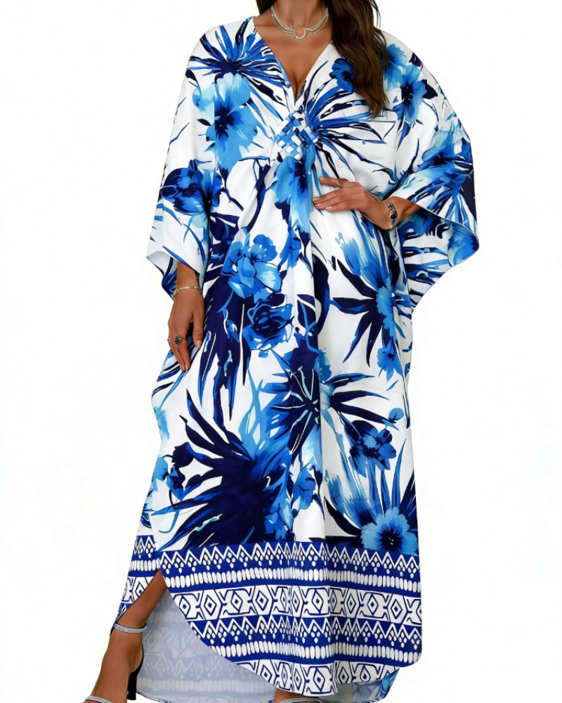 Janet Kaftan Dame Store Størrelser – Maxi Strandkjole Flydende, V-udskæring & Flagermusærmer Boheme