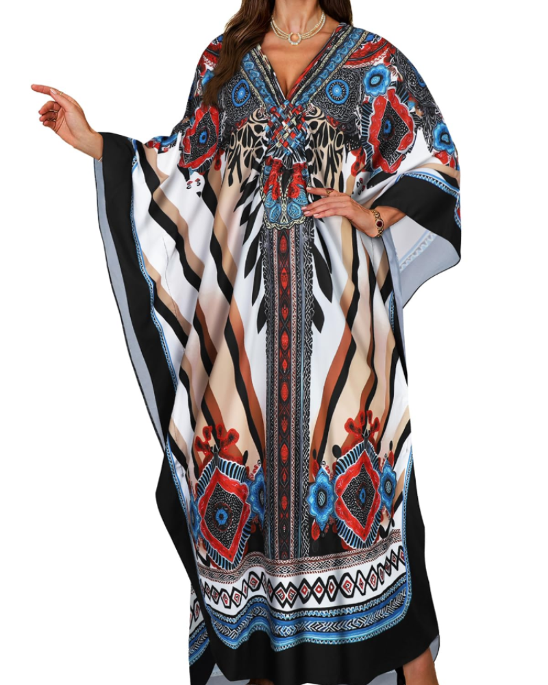 Janet Kaftan Dame Store Størrelser – Maxi Strandkjole Flydende, V-udskæring & Flagermusærmer Boheme