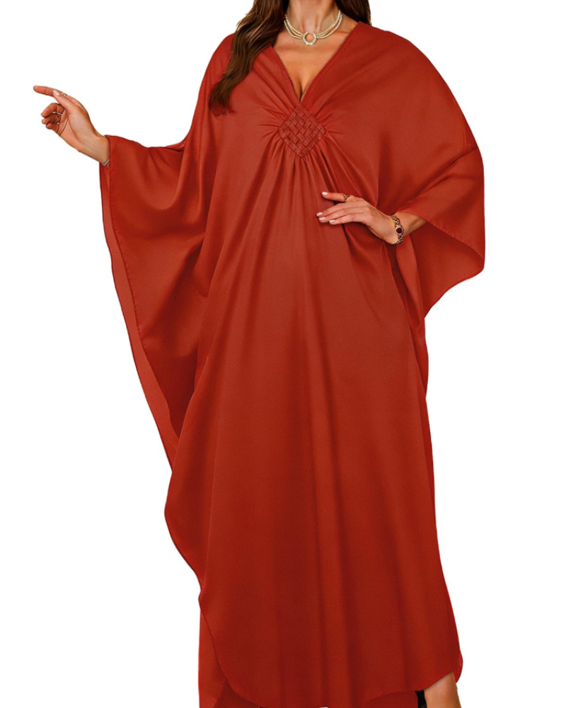 Janet Kaftan Dame Store Størrelser – Maxi Strandkjole Flydende, V-udskæring & Flagermusærmer Boheme