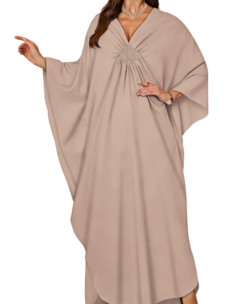 Janet Kaftan Dame Store Størrelser – Maxi Strandkjole Flydende, V-udskæring & Flagermusærmer Boheme