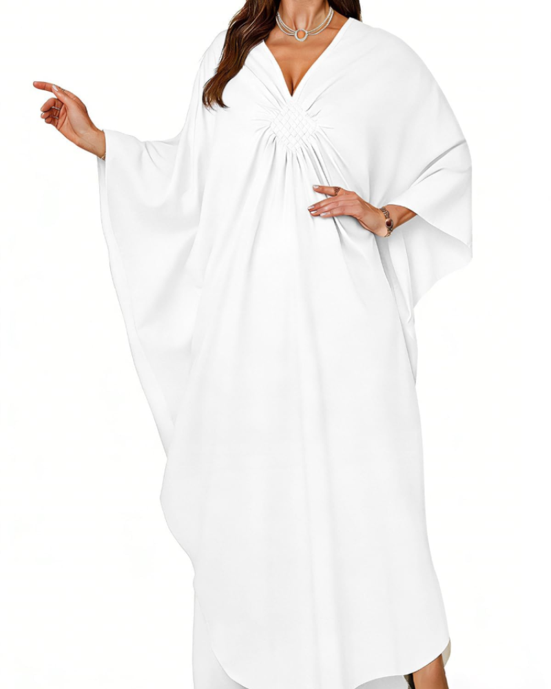 Janet Kaftan Dame Store Størrelser – Maxi Strandkjole Flydende, V-udskæring & Flagermusærmer Boheme