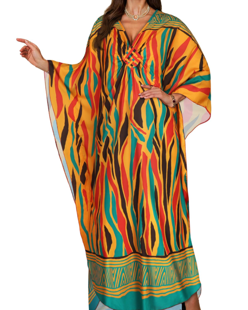 Janet Kaftan Dame Store Størrelser – Maxi Strandkjole Flydende, V-udskæring & Flagermusærmer Boheme