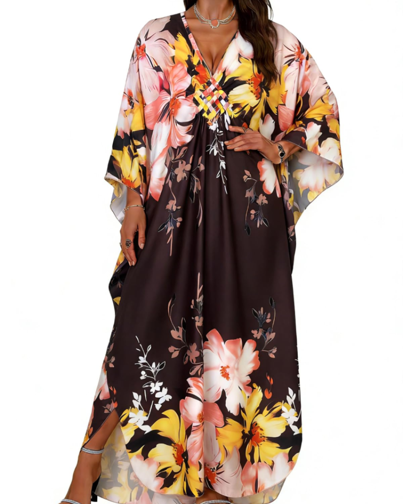 Janet Kaftan Dame Store Størrelser – Maxi Strandkjole Flydende, V-udskæring & Flagermusærmer Boheme