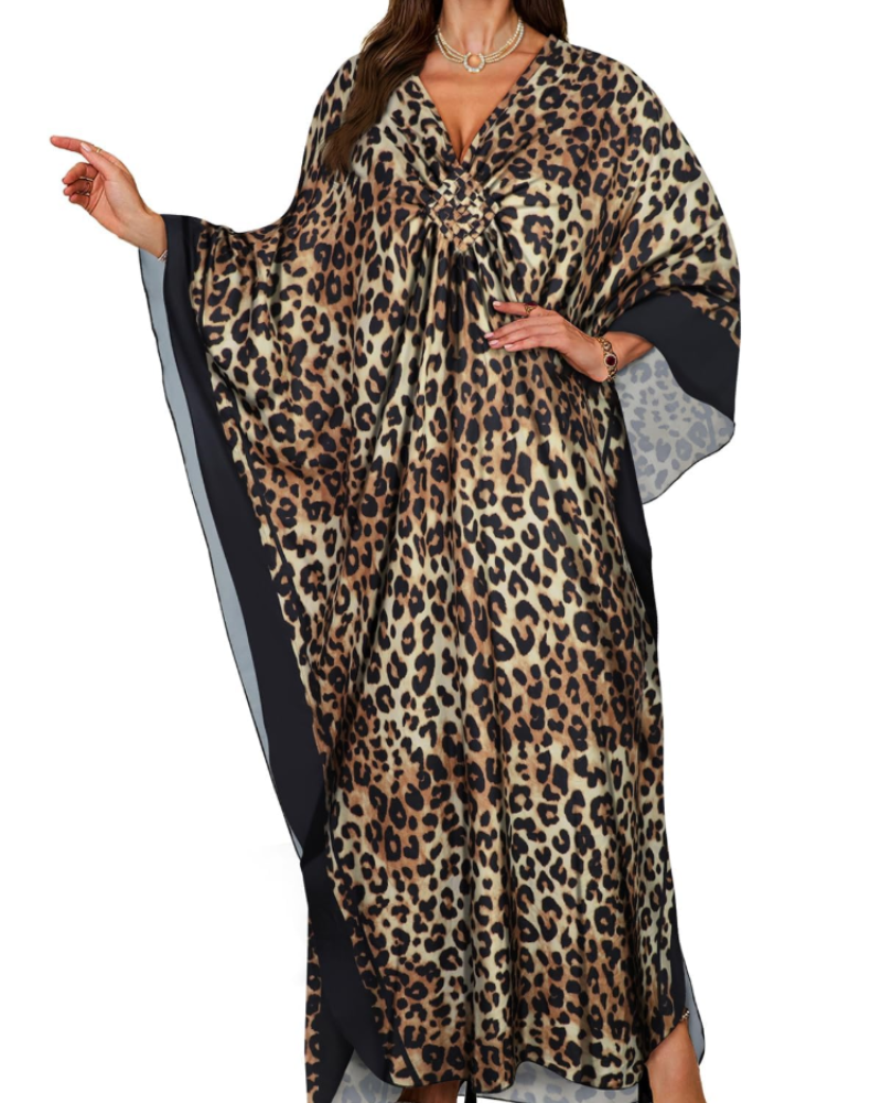 Janet Kaftan Dame Store Størrelser – Maxi Strandkjole Flydende, V-udskæring & Flagermusærmer Boheme