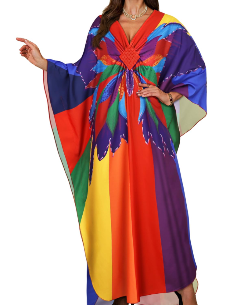 Janet Kaftan Dame Store Størrelser – Maxi Strandkjole Flydende, V-udskæring & Flagermusærmer Boheme