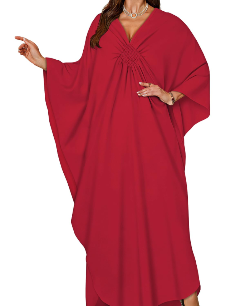 Janet Kaftan Dame Store Størrelser – Maxi Strandkjole Flydende, V-udskæring & Flagermusærmer Boheme