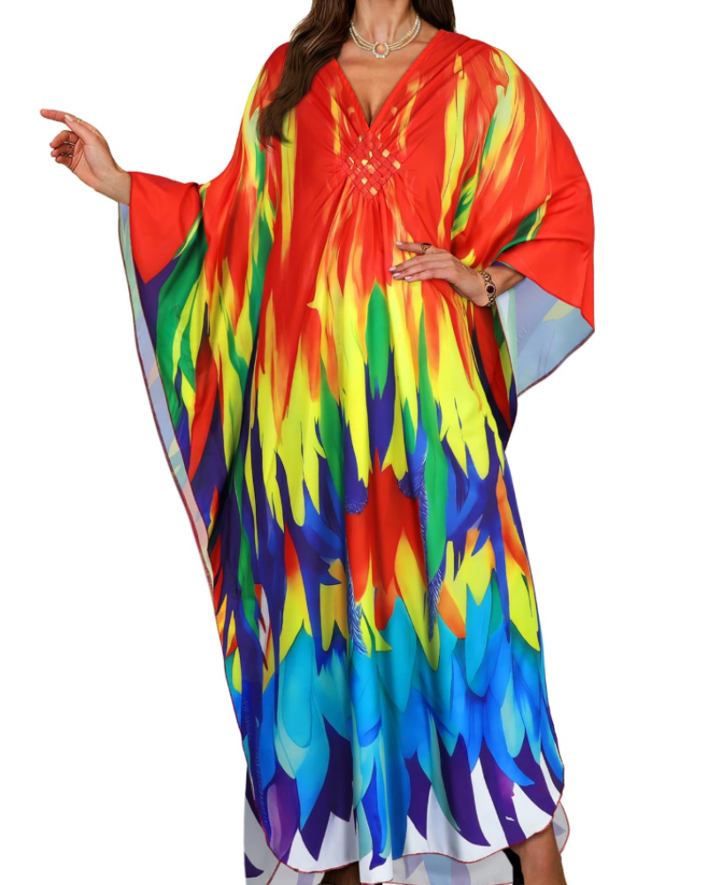 Janet Kaftan Dame Store Størrelser – Maxi Strandkjole Flydende, V-udskæring & Flagermusærmer Boheme