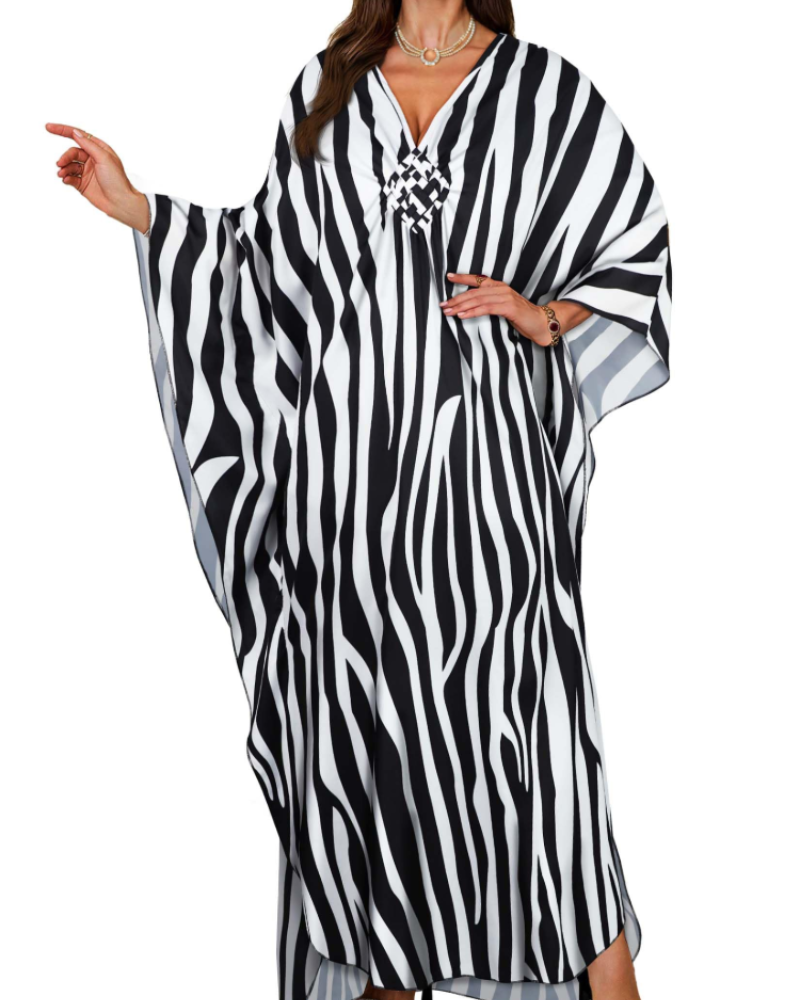 Janet Kaftan Dame Store Størrelser – Maxi Strandkjole Flydende, V-udskæring & Flagermusærmer Boheme