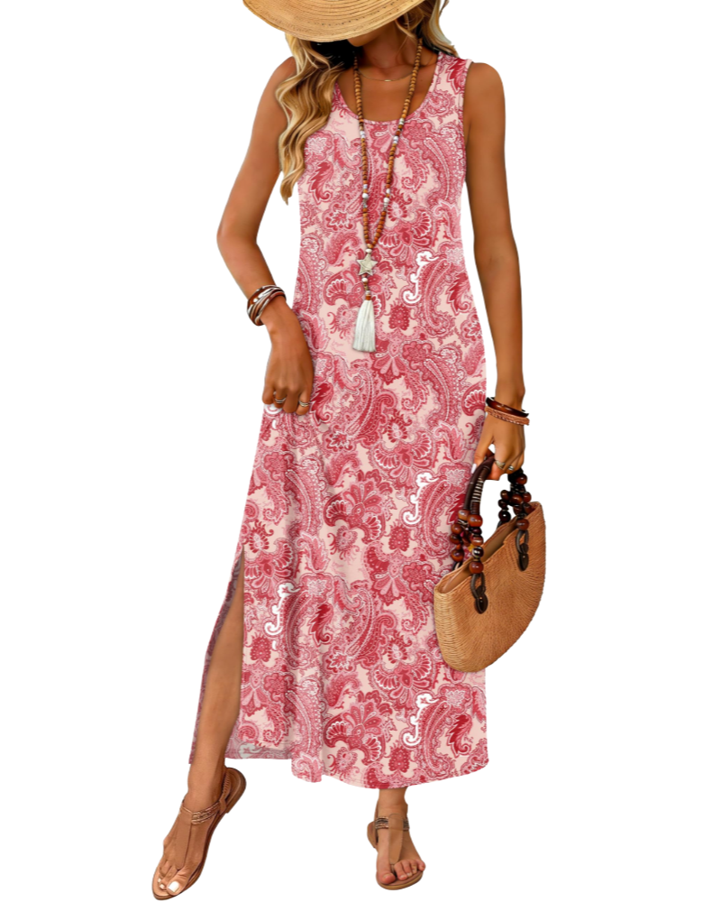 Janea Maxi-jurk voor dames – Zomerse mouwloze jurk met vloeiende pasvorm, ronde hals met split en zakken, bohemien strandstijl