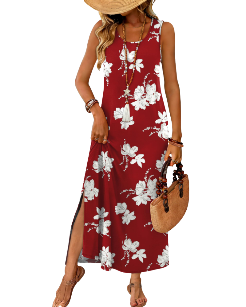 Janea Maxi-jurk voor dames – Zomerse mouwloze jurk met vloeiende pasvorm, ronde hals met split en zakken, bohemien strandstijl