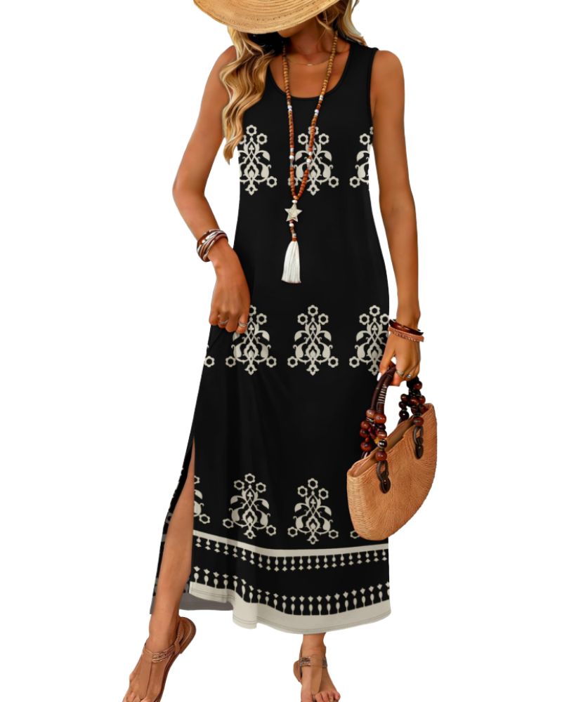 Janea Maxi-jurk voor dames – Zomerse mouwloze jurk met vloeiende pasvorm, ronde hals met split en zakken, bohemien strandstijl