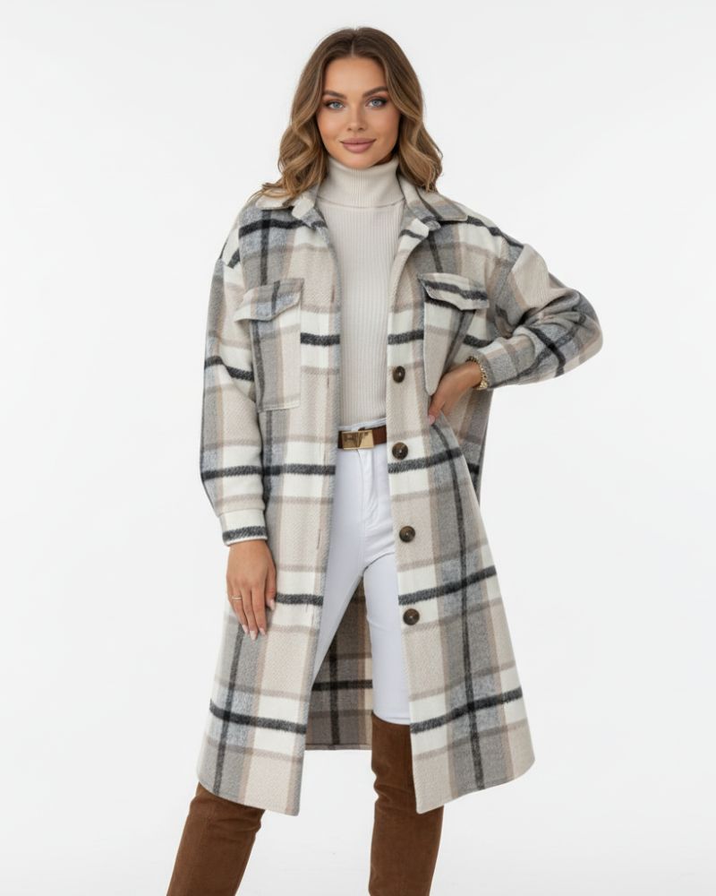 Jody Manteau Femme Carreaux – Veste Longue Oversize en Laine Mélangée Style Shacket