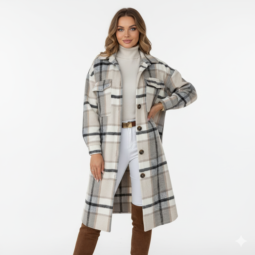 Jody Women's Plaid Coat – Long Oversized Jacket in Mixed Wool Shacket Style