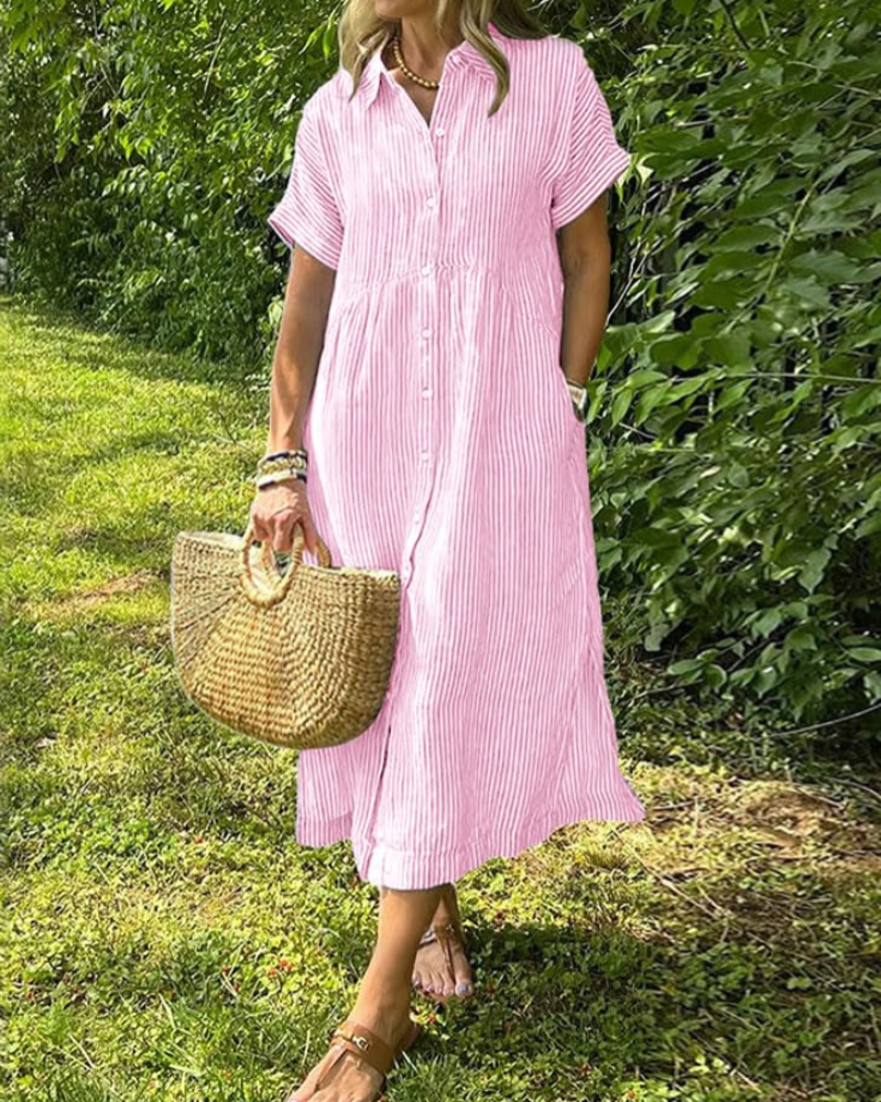 Vestaglia Camicia Donna Laylani – Righe Midi Con Bottoni, Maniche Corte e Taglio A-Line Fluido