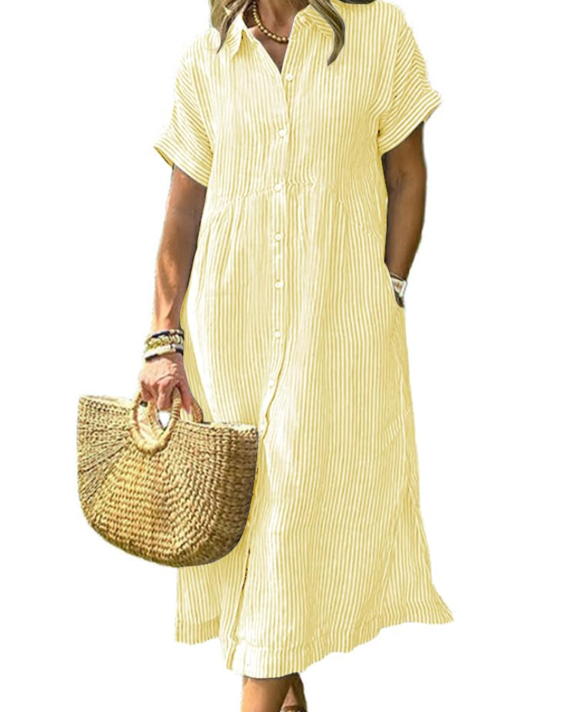 Vestaglia Camicia Donna Laylani – Righe Midi Con Bottoni, Maniche Corte e Taglio A-Line Fluido