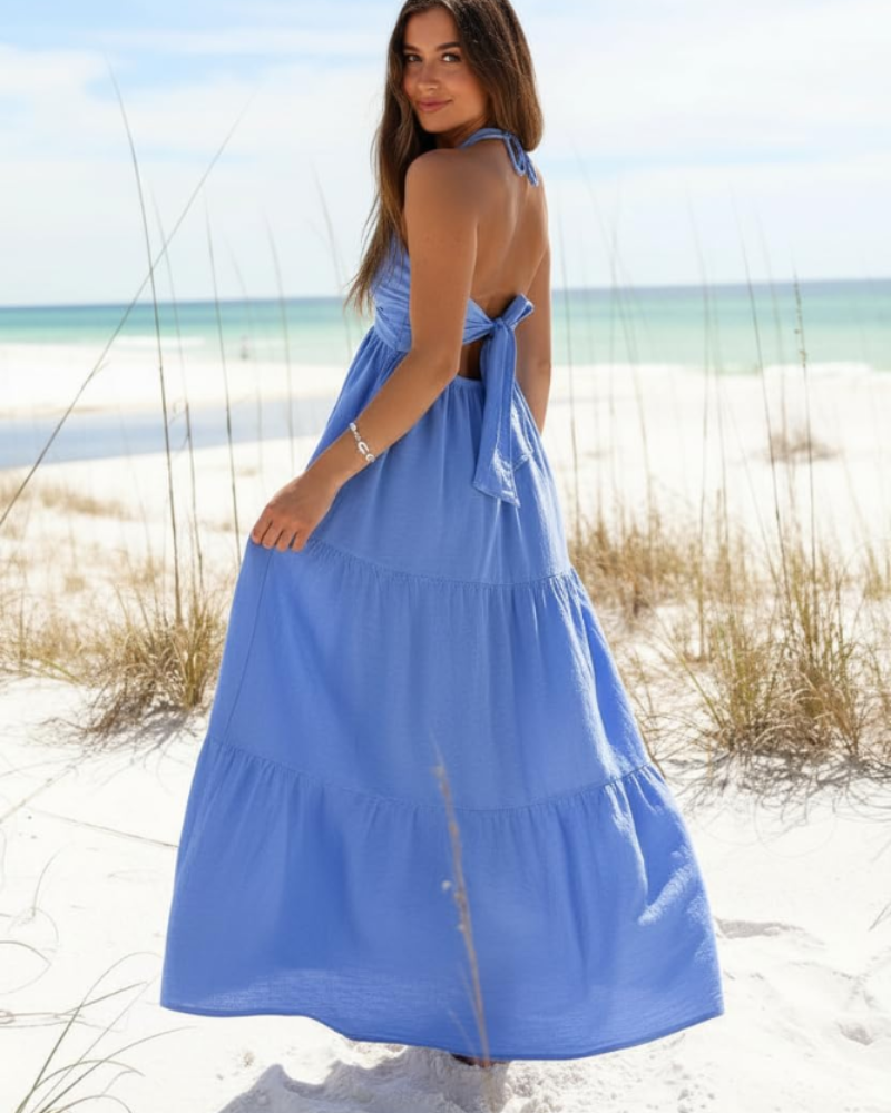 Leticia Damen Maxikleid – Verstellbarer Neckholder, Fließender Schnitt mit Volants & Taschen für den Sommer