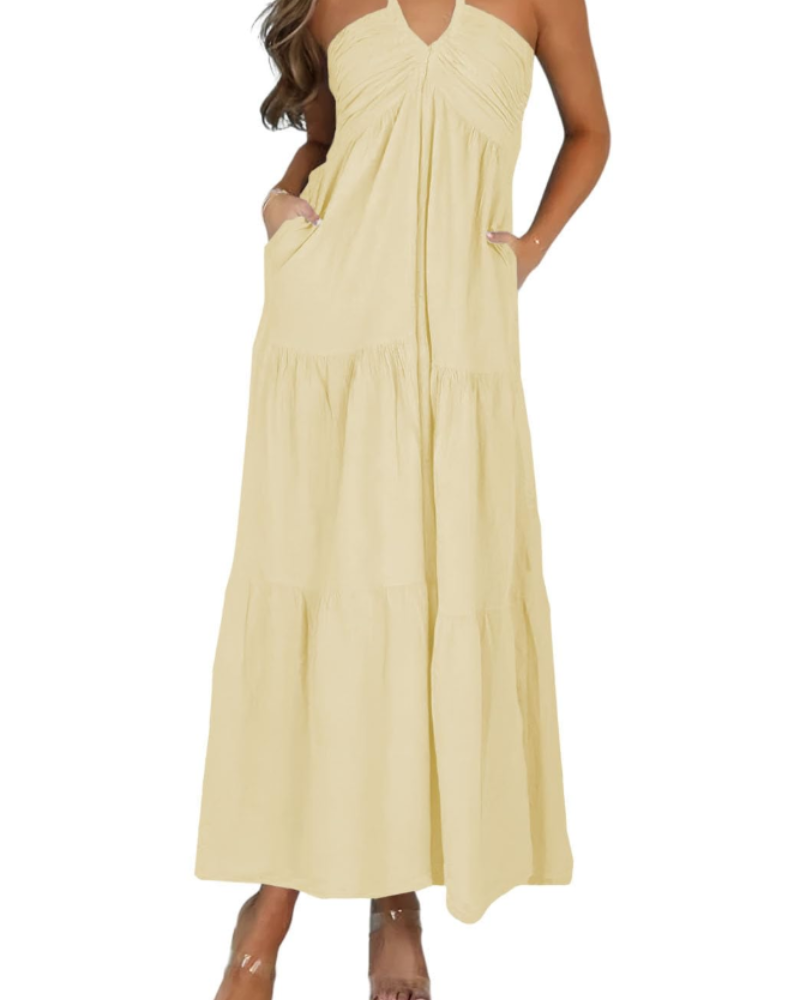 Leticia Damen Maxikleid – Verstellbarer Neckholder, Fließender Schnitt mit Volants & Taschen für den Sommer